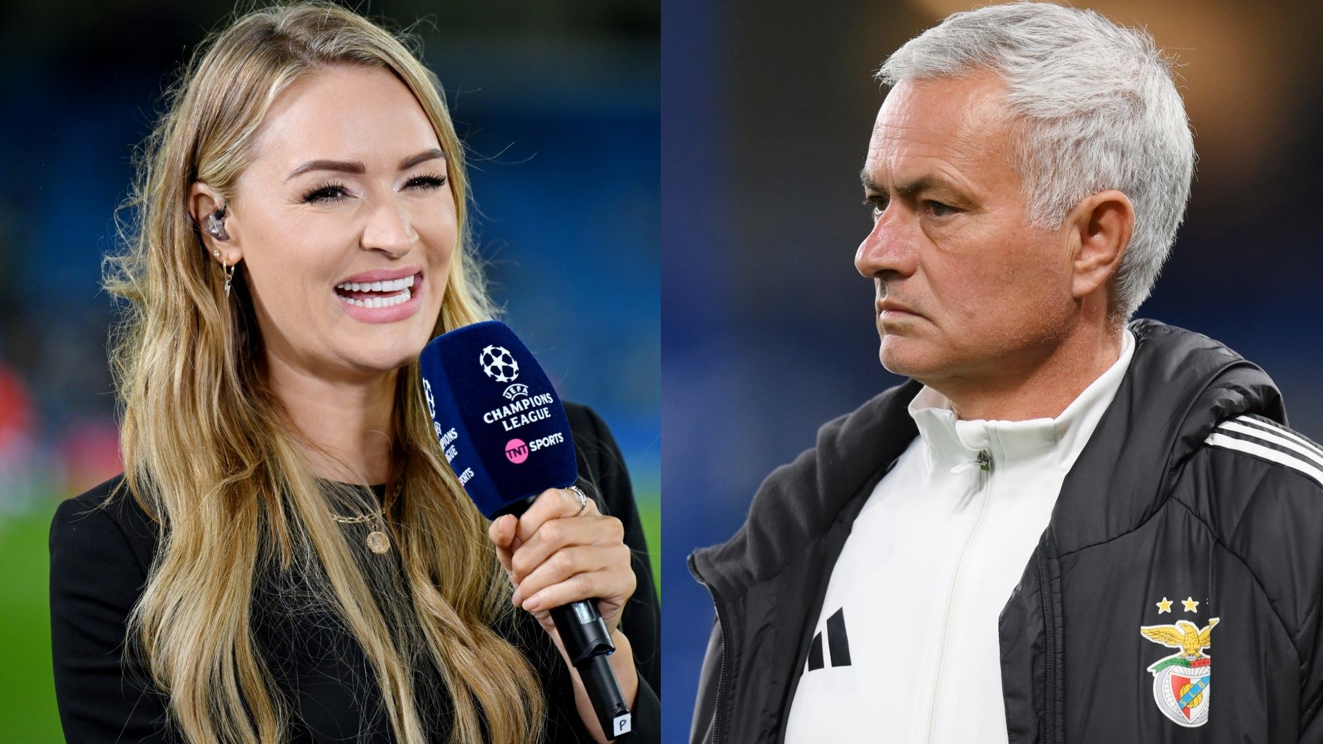 Laura Woods reacts to being 'pied' by Jose Mourinho on live TV after Benfica's Champions League defeat to Chelsea