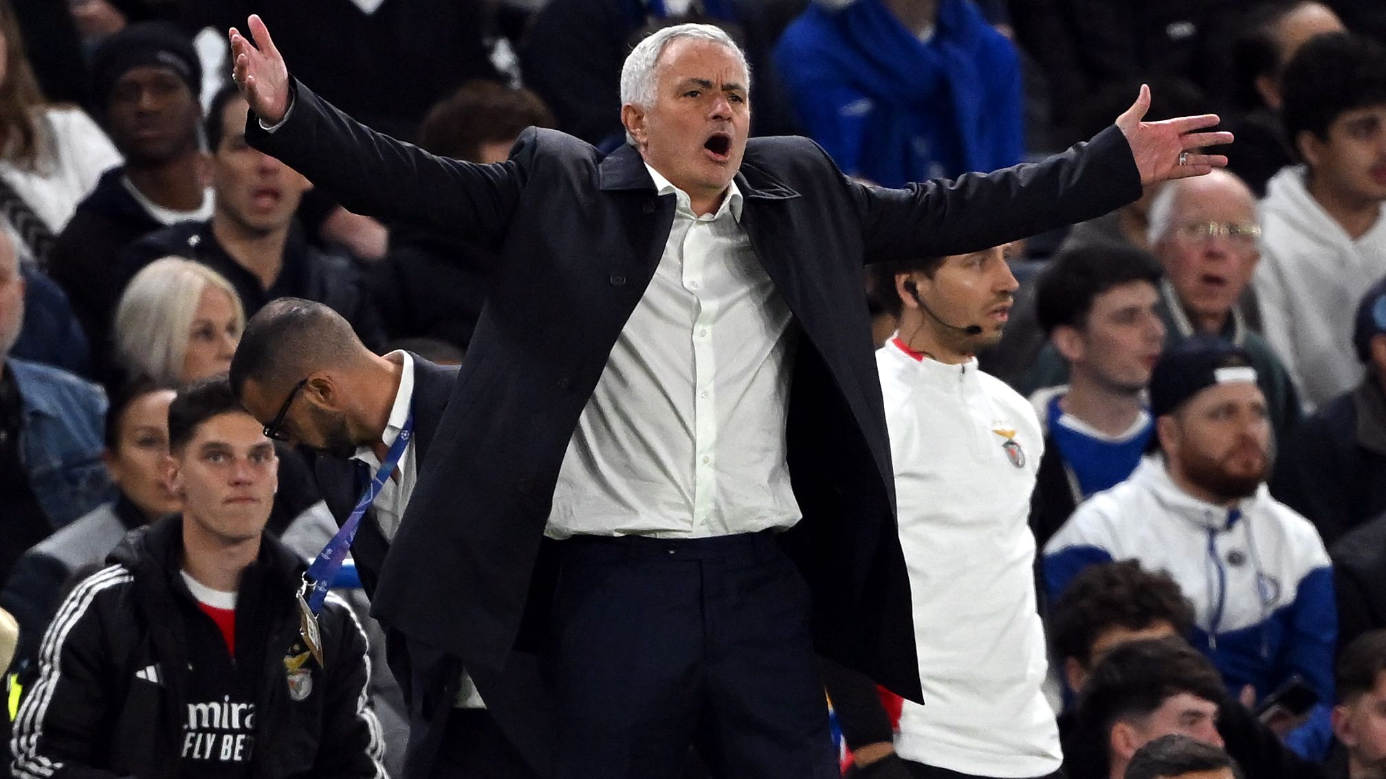 VIDEO: Jose Mourinho pleads with Benfica fans to stop hurling objects at Enzo Fernandez as Chelsea midfielder mercilessly targeted by former club in Champions League