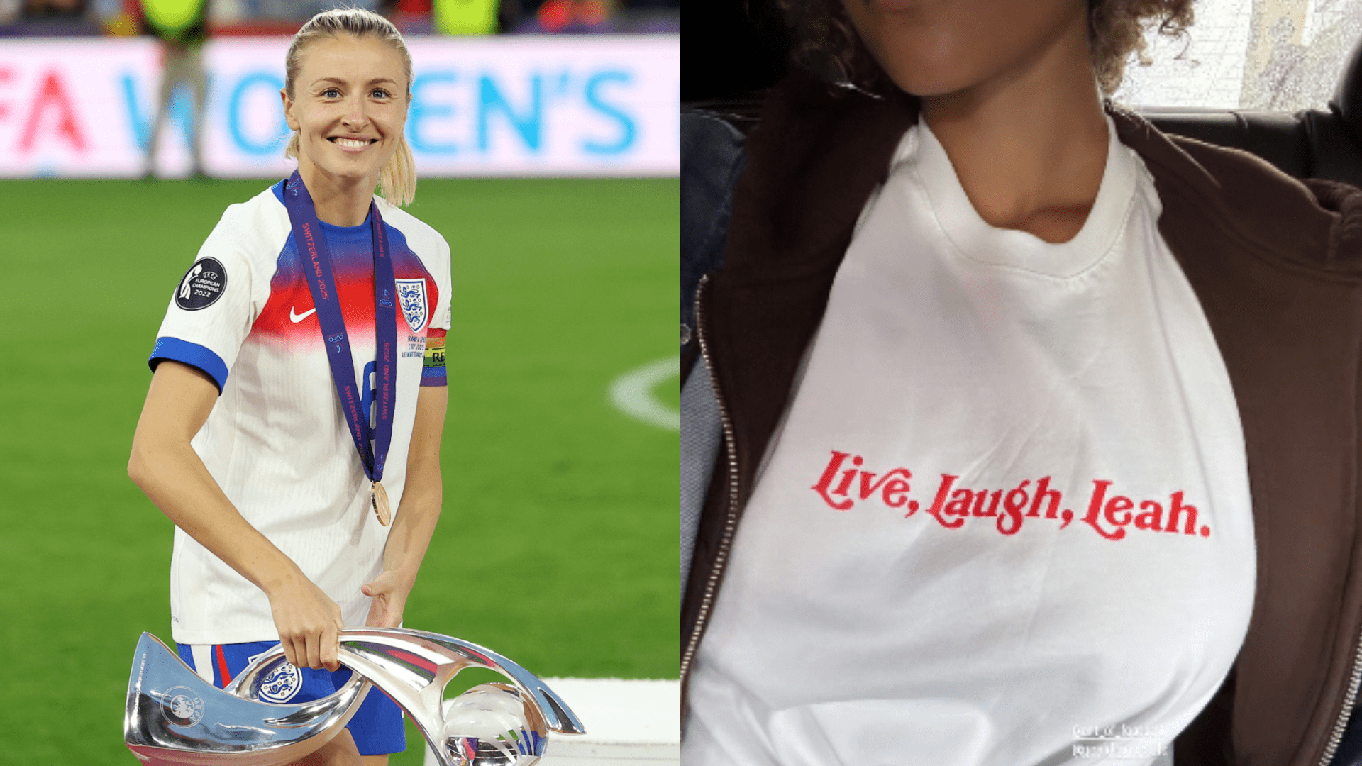Leah Williamson celebrates Euro 2025 win with girlfriend Elle Smith - with American model wearing Lionesses-inspired shirt for dramatic penalty shootout win over Spain