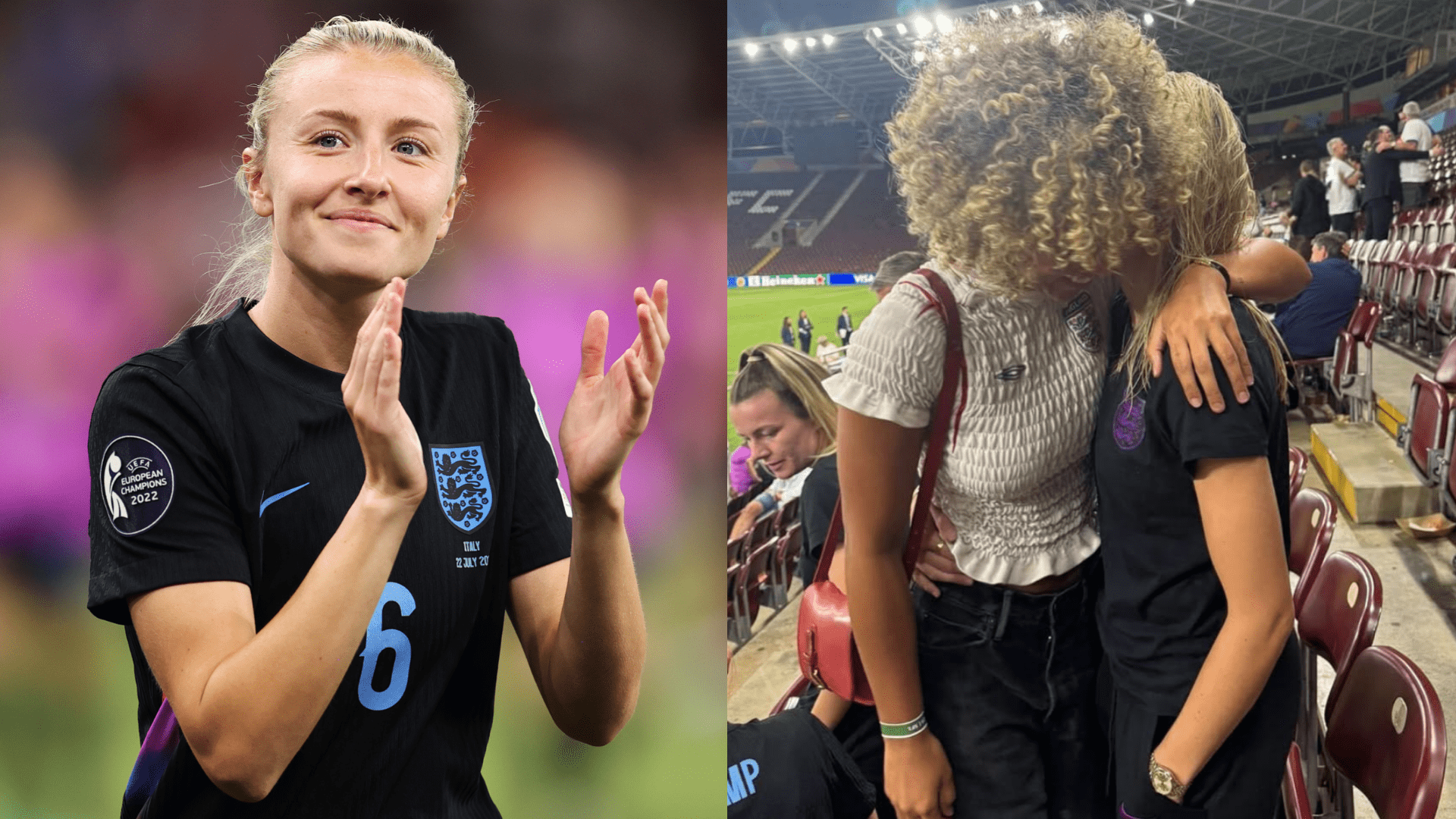 Custom England shirt & winning hug! Elle Smith goes full WAG with Leah Williamson at Euro 2025 after seeing Lionesses reach final in dramatic fashion