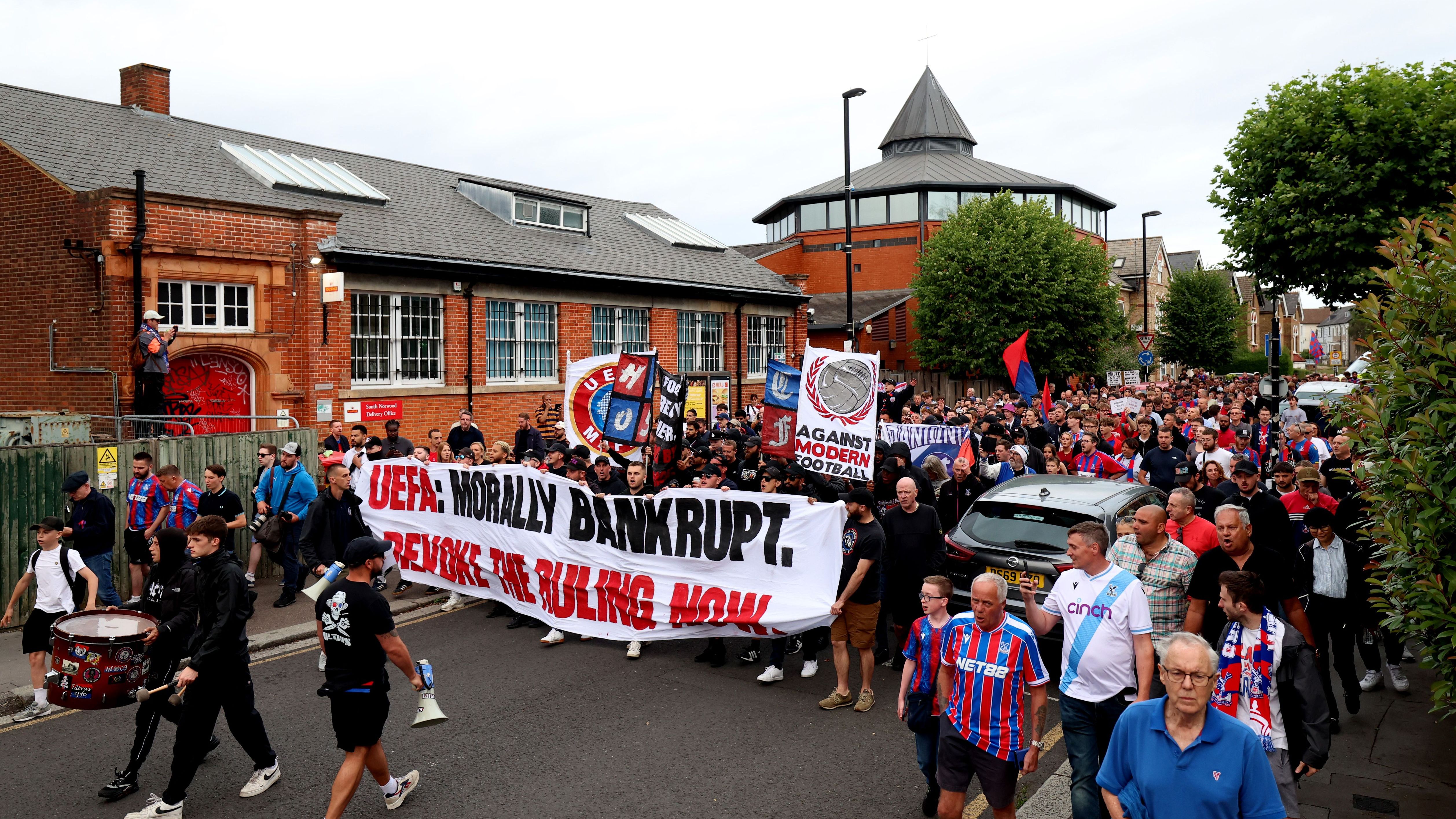 Crystal Palace fans protest against 'morally bankrupt' UEFA after FA Cup winners kicked out of Europa League due to ownership rules