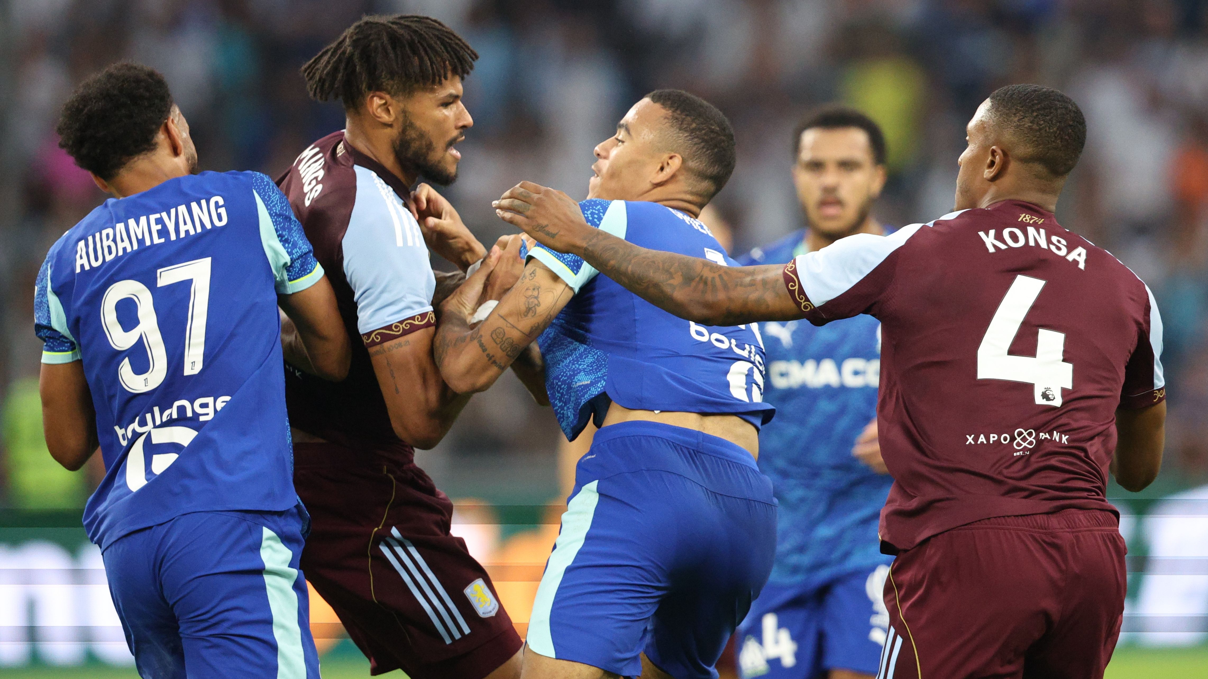 Mason Greenwood almost has shirt RIPPED OFF in melee during Aston Villa friendly as Tyrone Mings and striker almost come to blows