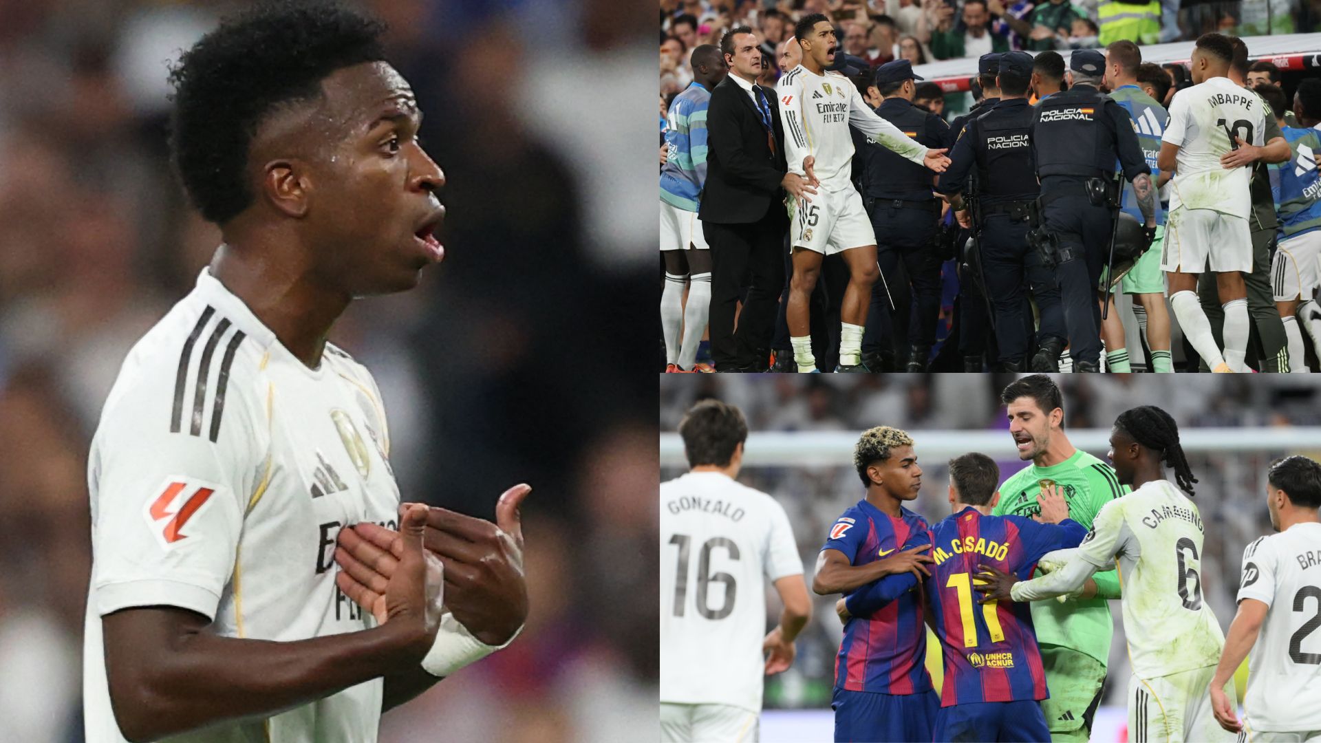 Clasico brawl! Vinicius Junior loses his head & Thibaut Courtois makes beeline for Lamine Yamal in shocking scenes after Pedri red card as Real Madrid's victory over Barcelona ends in chaos