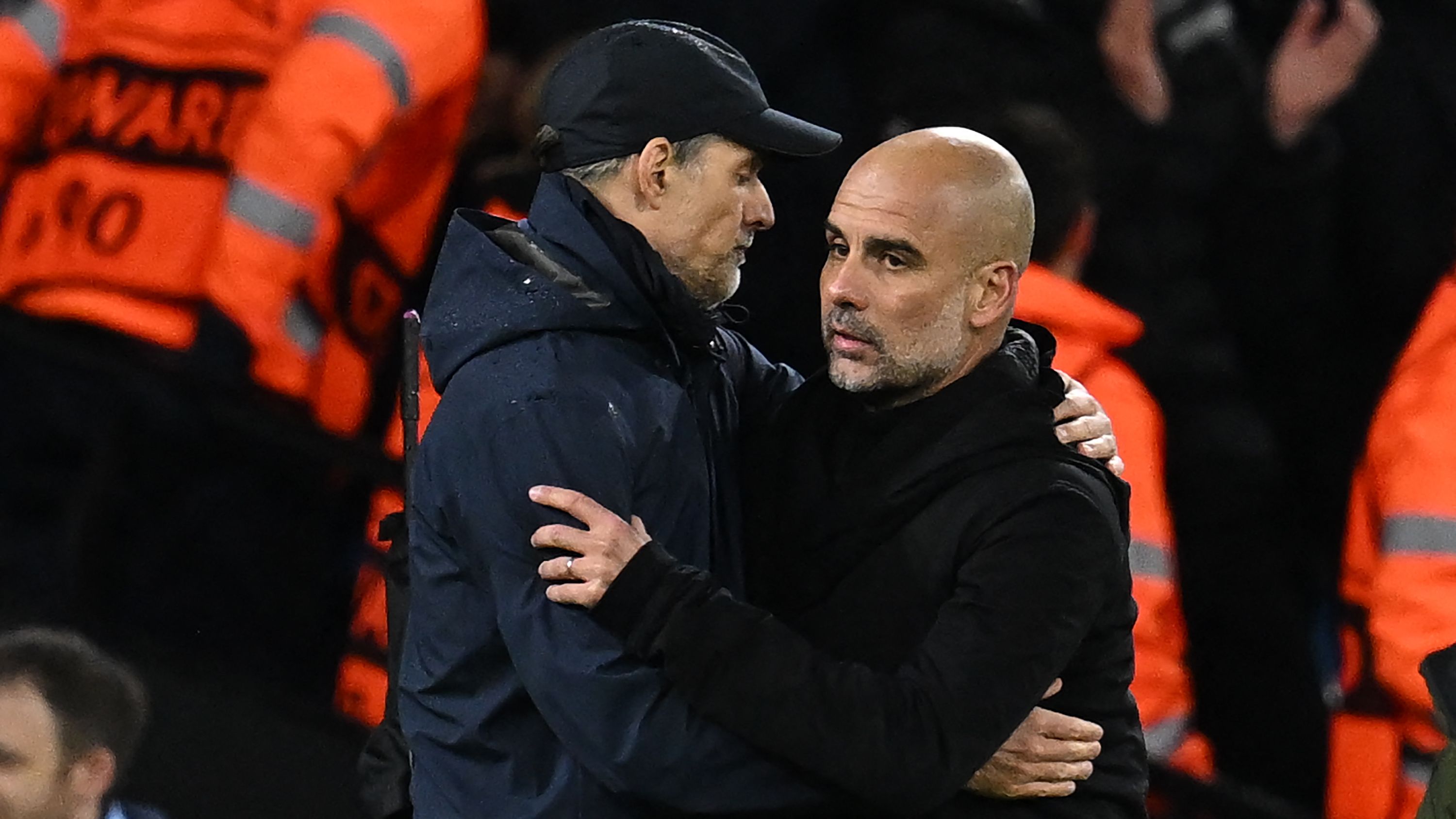 Thomas Tuchel shares warm embrace with old adversary Pep Guardiola as England boss pays visit to Man City training ground